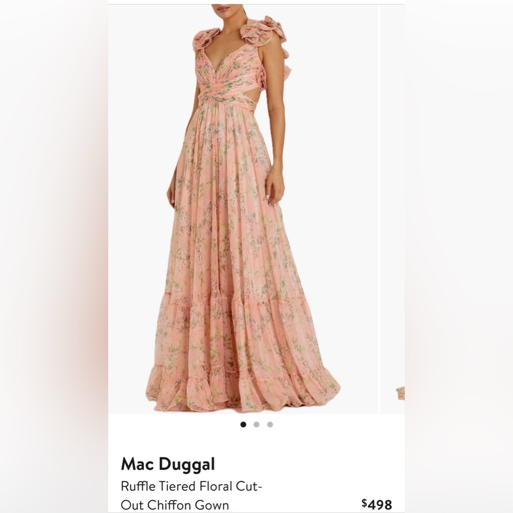 Mac Duggal ruffle tiered floral cutout chiffon gown pink multi